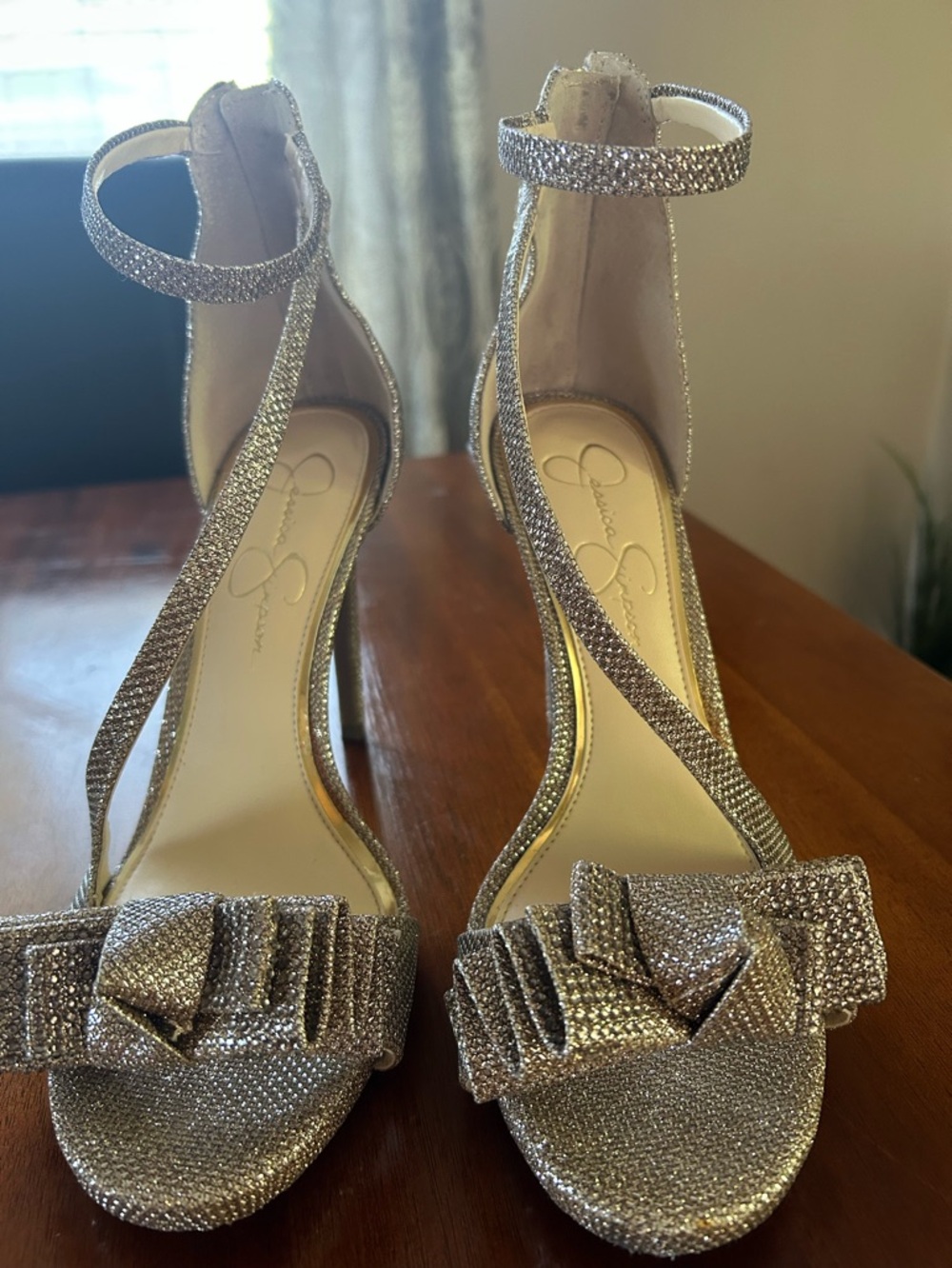 Jessica Simpson Glitter Crystal Bow Ankle-Strap Heels - Silver